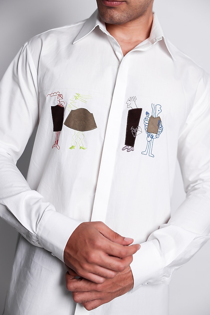 White Poplin Hand Embroidered Party Wear Shirt by Arya Giri Men at Pernia's Pop Up Shop