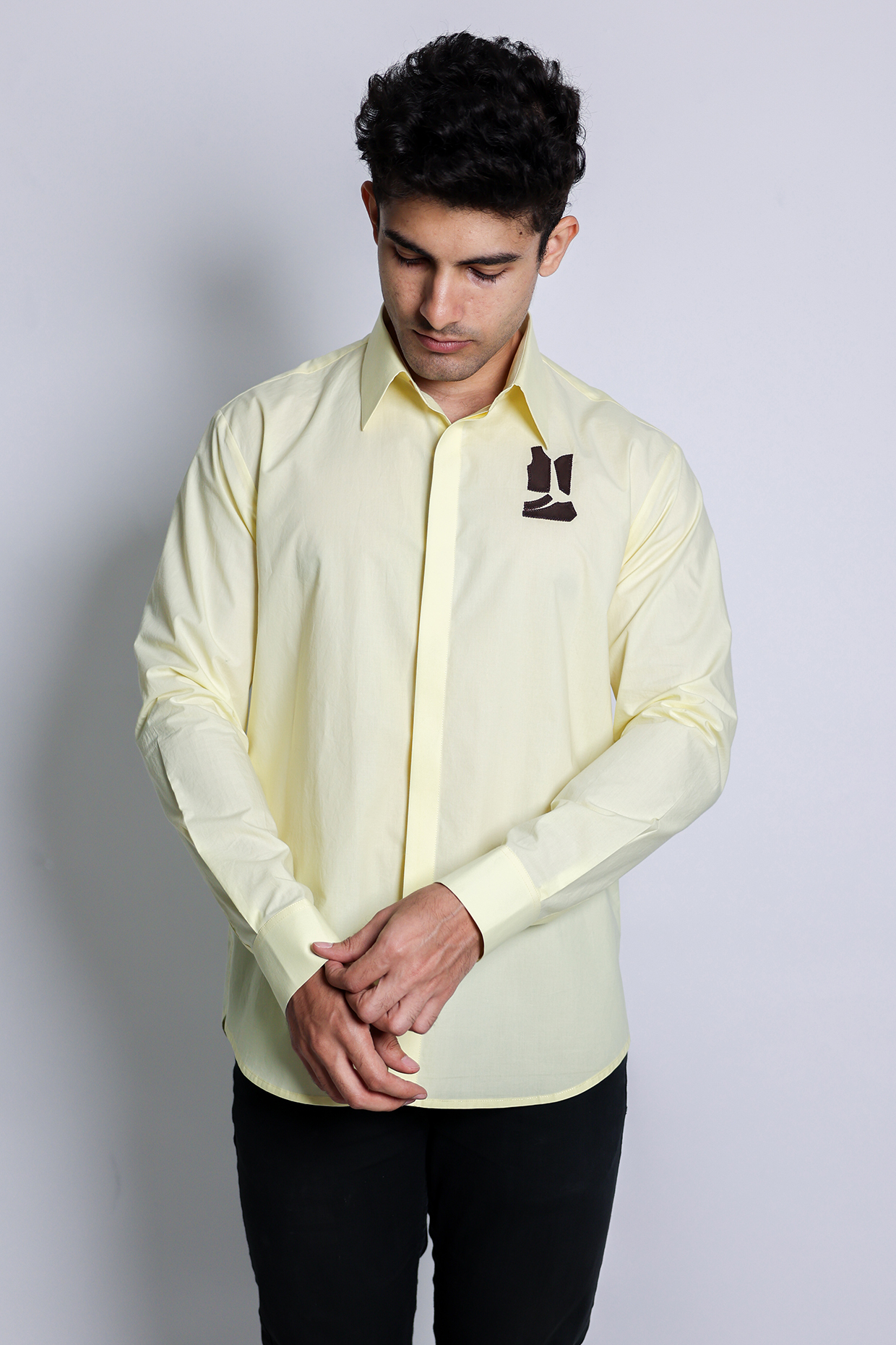 Yellow Poplin Applique Shirt by Arya Giri Men