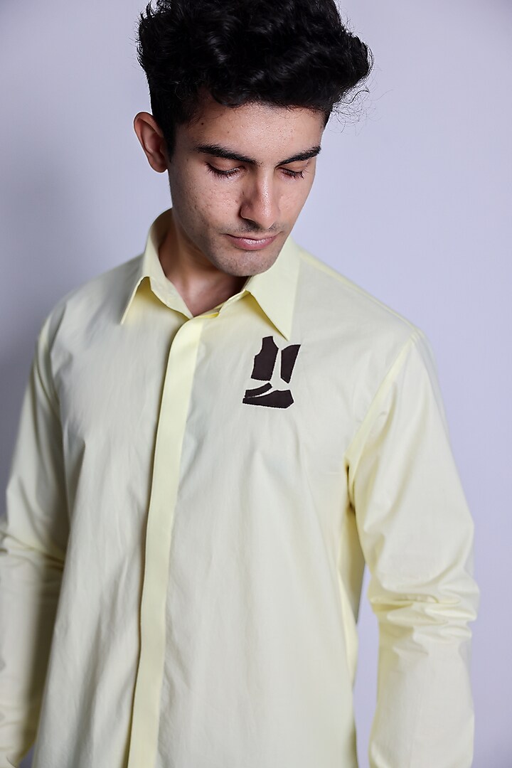 Yellow Poplin Applique Party Wear Shirt by ARYA GIRI MEN at Pernia's Pop Up Shop