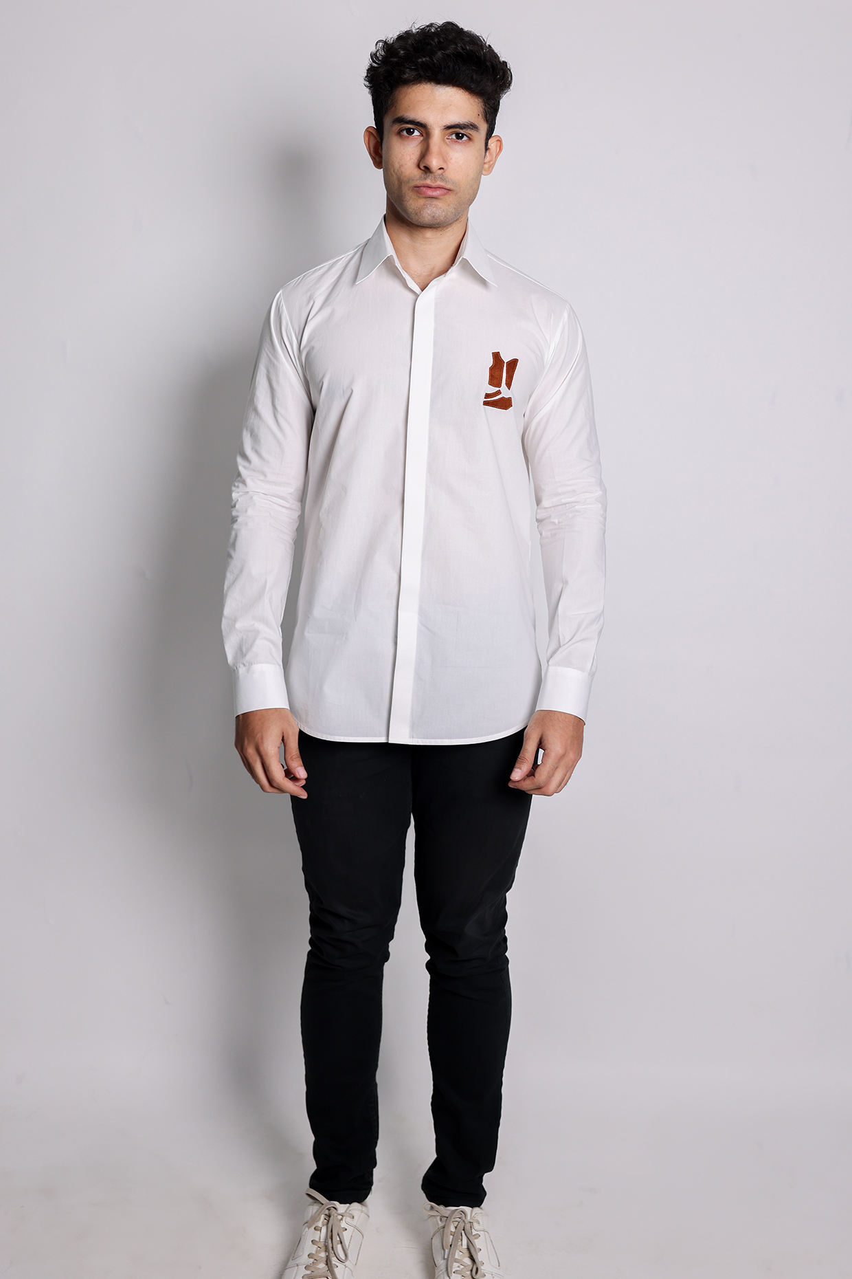 White Poplin Applique Shirt by Arya Giri Men