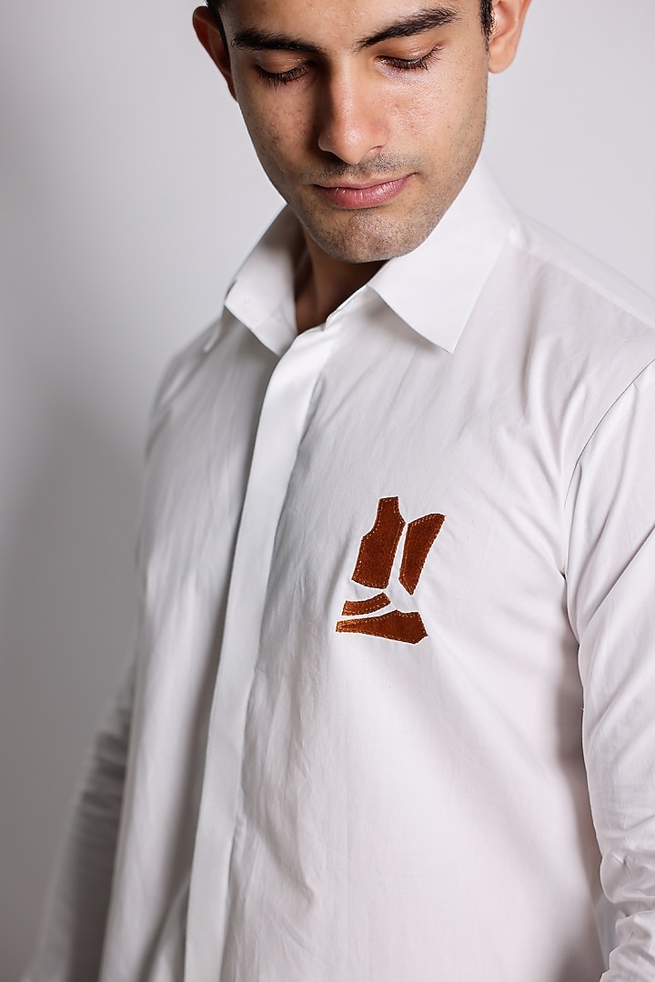 White Poplin Applique Party Wear Shirt by ARYA GIRI MEN at Pernia's Pop Up Shop