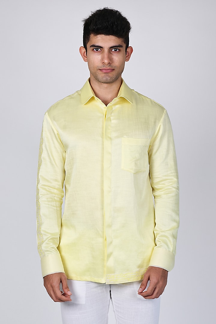 Yellow Linen Satin Shirt by Arya Giri