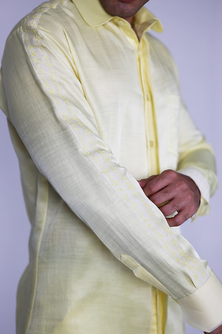 Yellow Linen Satin Wedding Shirt by Arya Giri Men at Pernia's Pop Up Shop