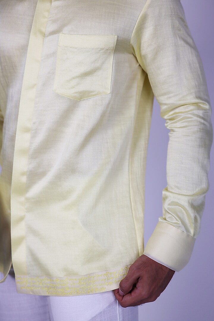 Yellow Linen Satin Wedding Shirt by Arya Giri Men at Pernia's Pop Up Shop