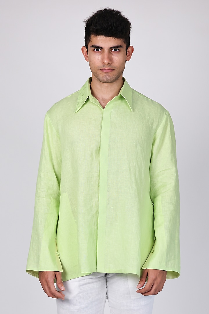 Green Pure Linen Shirt by Arya Giri