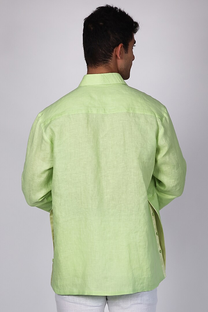Green Pure Linen Party Wear Shirt by Arya Giri Men at Pernia's Pop Up Shop