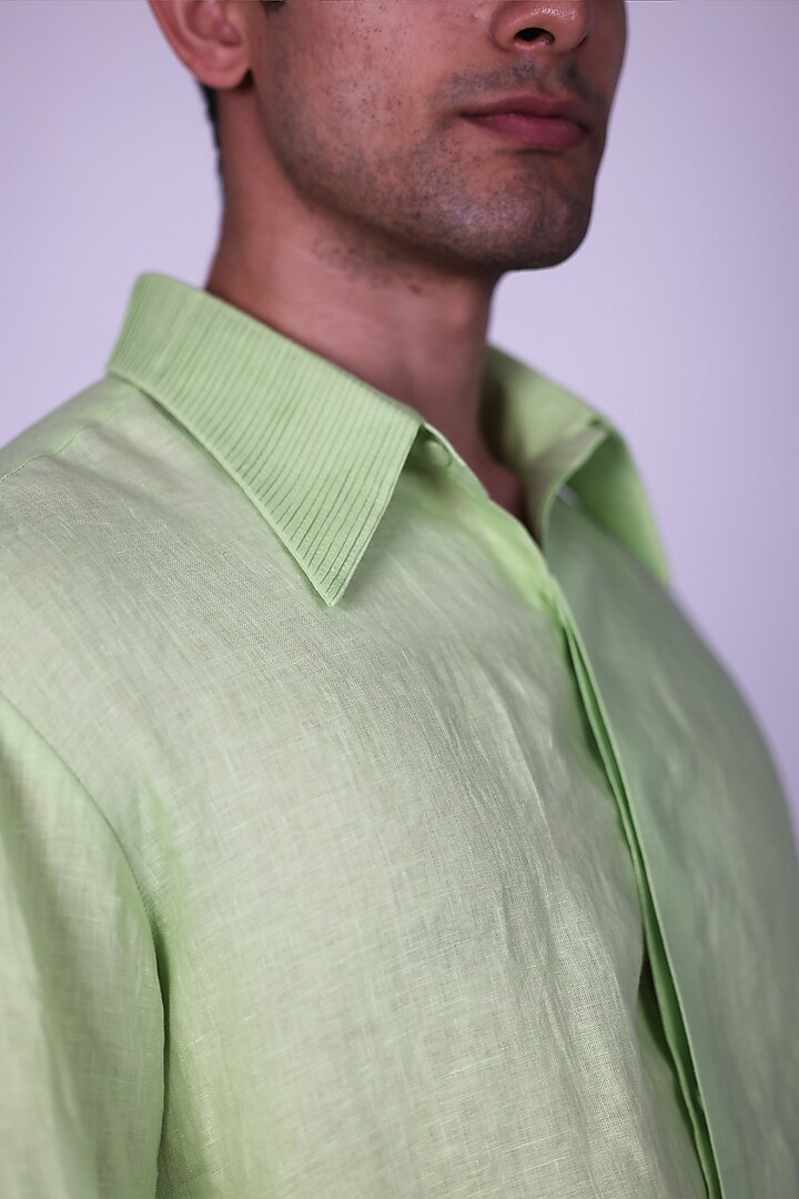 Green Pure Linen Party Wear Shirt by Arya Giri Men at Pernia's Pop Up Shop