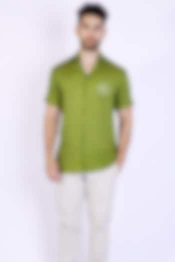 Olive Green Linen Satin Hand Embroidered Party Wear Shirt by Arya Giri Men at Pernia's Pop Up Shop