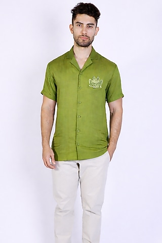 Olive Green Linen Satin Hand Embroidered Shirt by Arya Giri Men