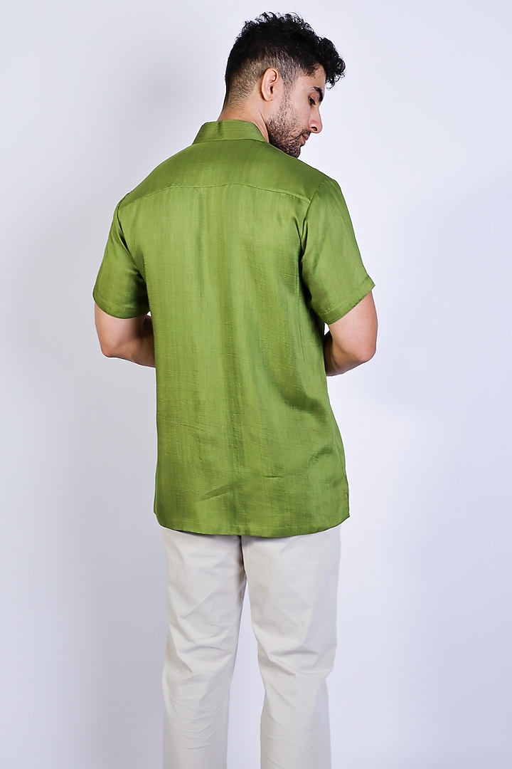Olive Green Linen Satin Hand Embroidered Party Wear Shirt by Arya Giri Men at Pernia's Pop Up Shop