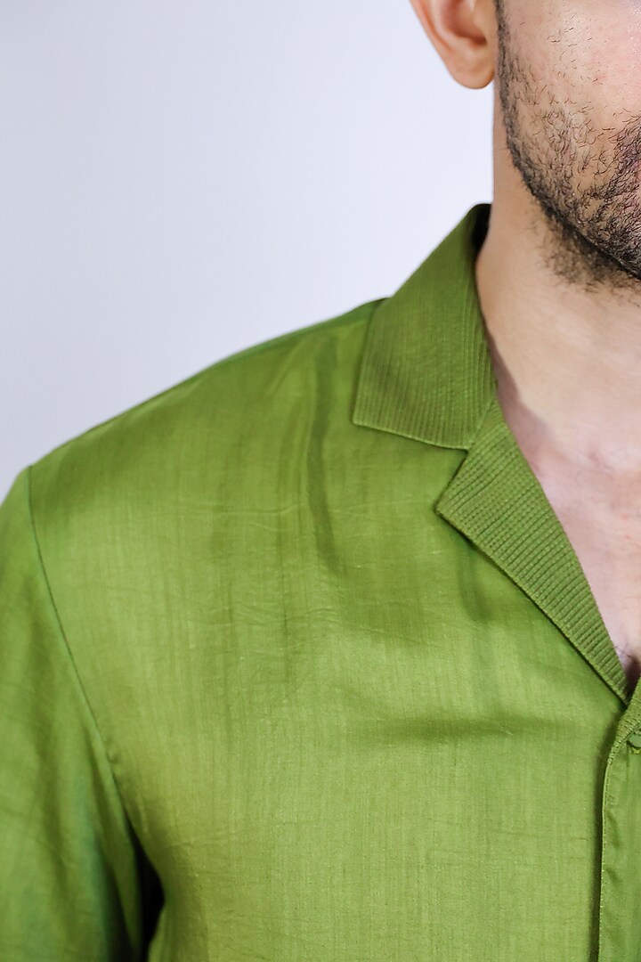 Olive Green Linen Satin Hand Embroidered Party Wear Shirt by Arya Giri Men at Pernia's Pop Up Shop