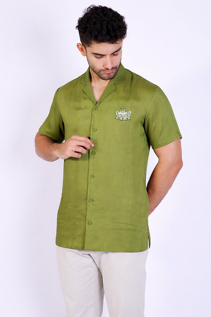 Olive Green Linen Satin Hand Embroidered Party Wear Shirt by Arya Giri Men at Pernia's Pop Up Shop