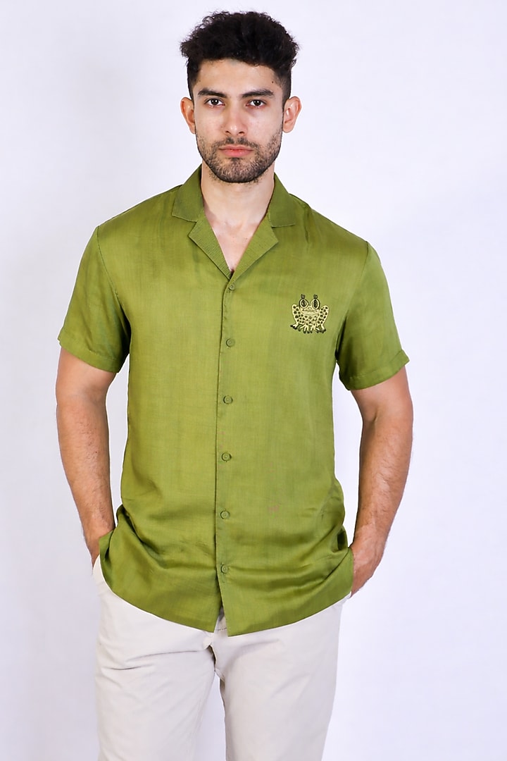 Olive Green Linen Satin Hand Embroidered Party Wear Shirt by Arya Giri Men at Pernia's Pop Up Shop