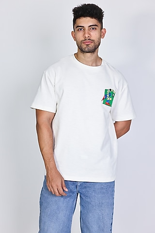 White Cotton Knit Patch Embroidered T-Shirt by Arya Giri Men
