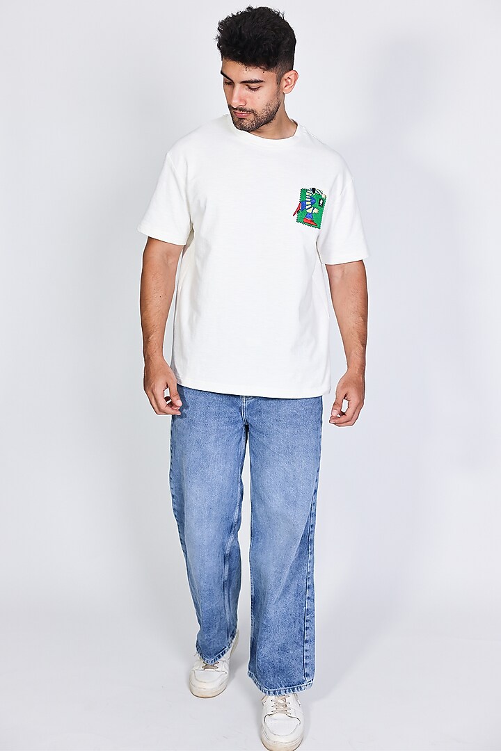 White Cotton Knit Patch Embroidered T-Shirt by Arya Giri Men at Pernia's Pop Up Shop