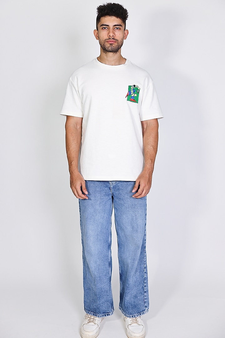 White Cotton Knit Patch Embroidered T-Shirt by Arya Giri Men at Pernia's Pop Up Shop