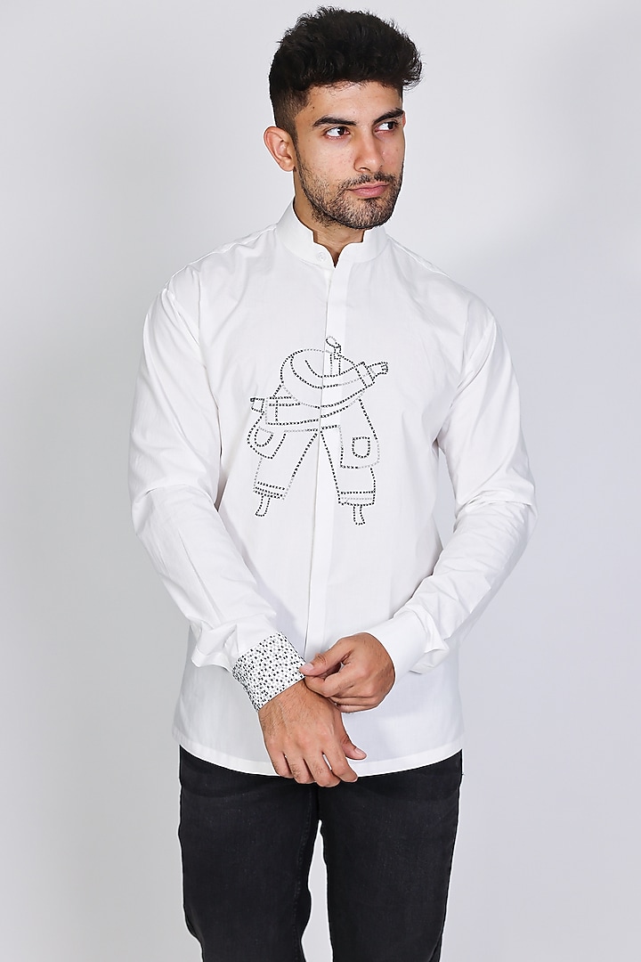 White Poplin Hand Embroidered Wedding Shirt by Arya Giri Men at Pernia's Pop Up Shop
