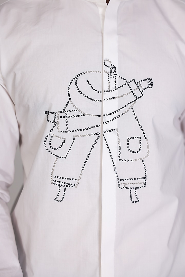 White Poplin Hand Embroidered Wedding Shirt by Arya Giri Men at Pernia's Pop Up Shop