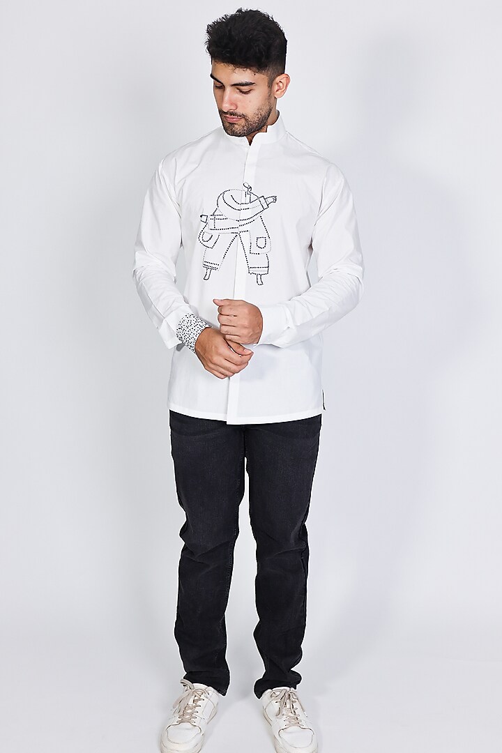 White Poplin Hand Embroidered Wedding Shirt by Arya Giri Men at Pernia's Pop Up Shop