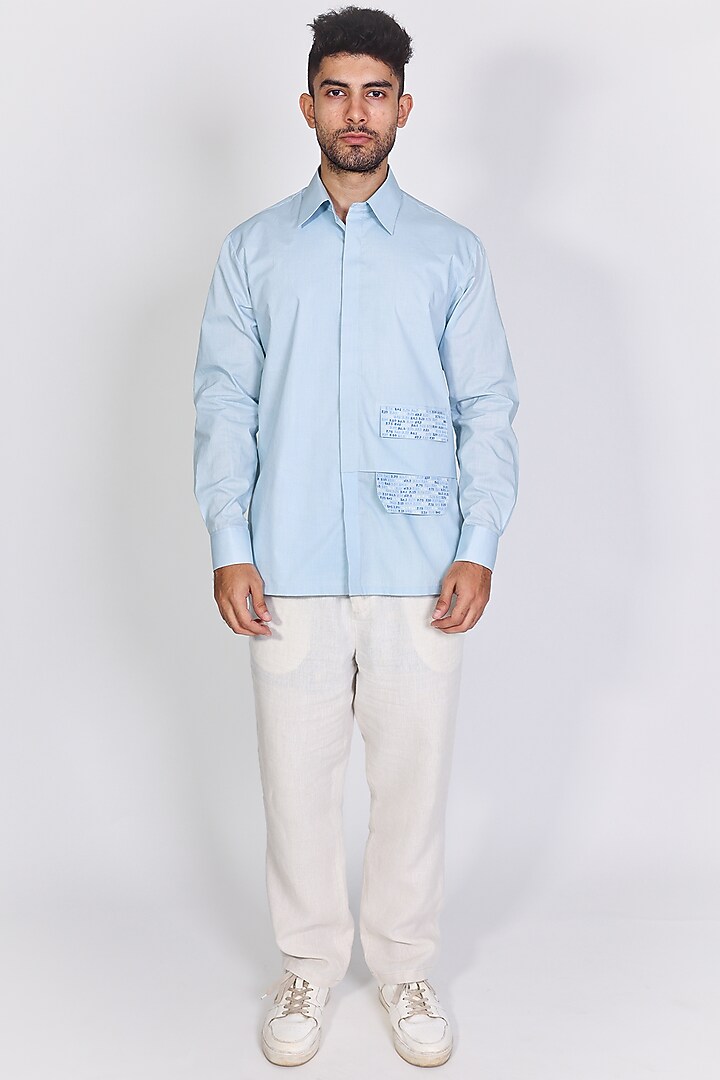 Blue Mul Hand Embroidered Party Wear Shirt by Arya Giri Men at Pernia's Pop Up Shop