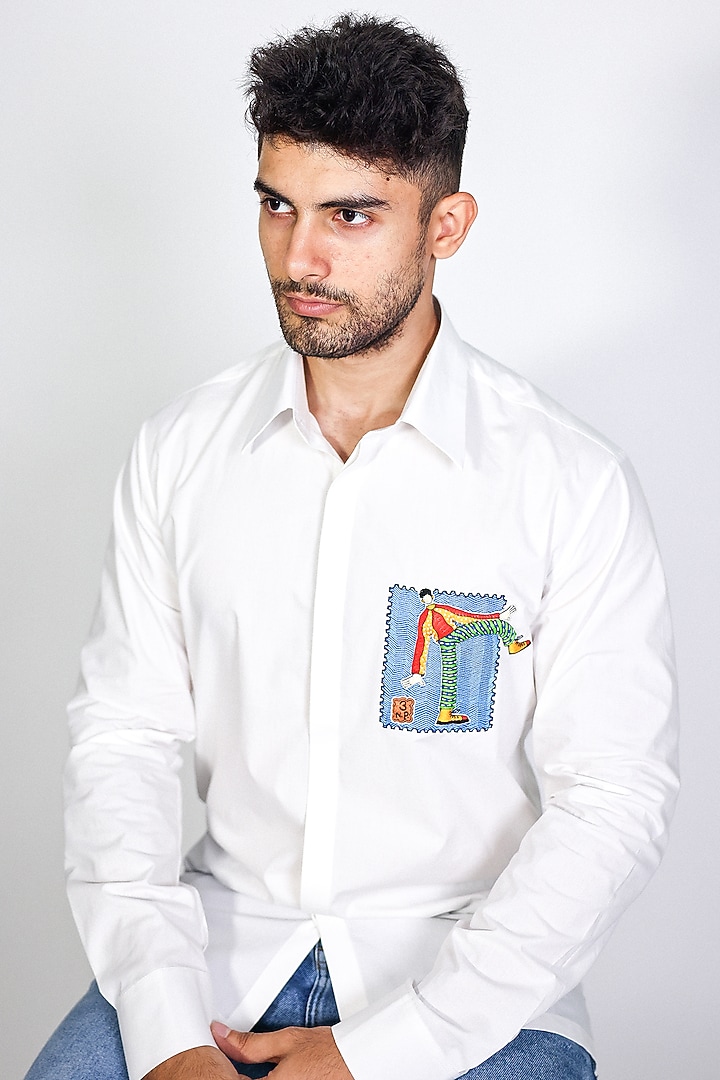 White Poplin Hand Embroidered Party Wear Shirt by Arya Giri Men at Pernia's Pop Up Shop
