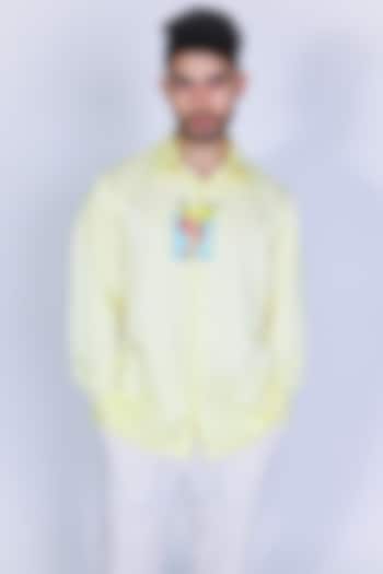 Yellow Linen Satin Hand Embroidered Party Wear Shirt by Arya Giri Men at Pernia's Pop Up Shop