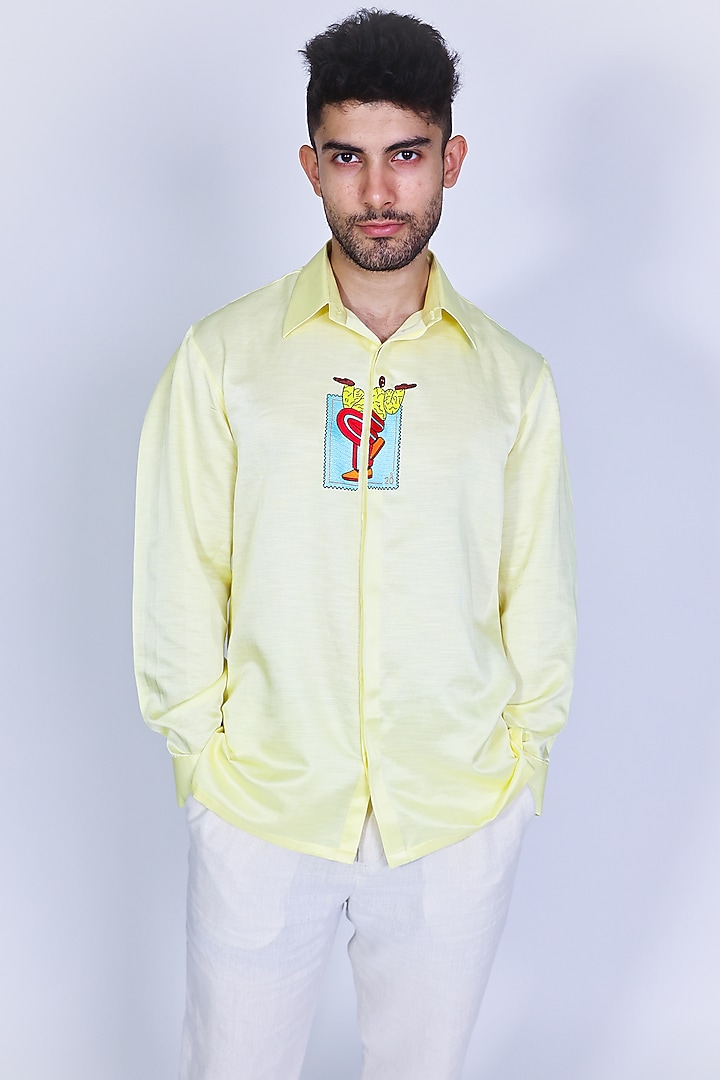 Yellow Linen Satin Hand Embroidered Party Wear Shirt by Arya Giri Men at Pernia's Pop Up Shop