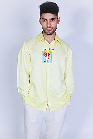 Yellow Linen Satin Hand Embroidered Shirt by Arya Giri Men