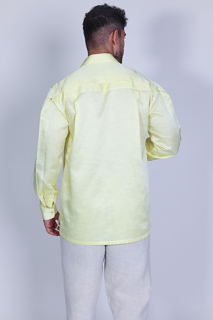 Yellow Linen Satin Hand Embroidered Party Wear Shirt by Arya Giri Men at Pernia's Pop Up Shop