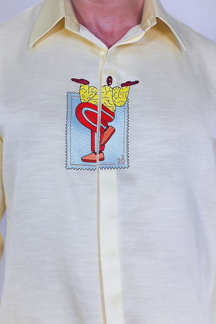 Yellow Linen Satin Hand Embroidered Party Wear Shirt by Arya Giri Men at Pernia's Pop Up Shop