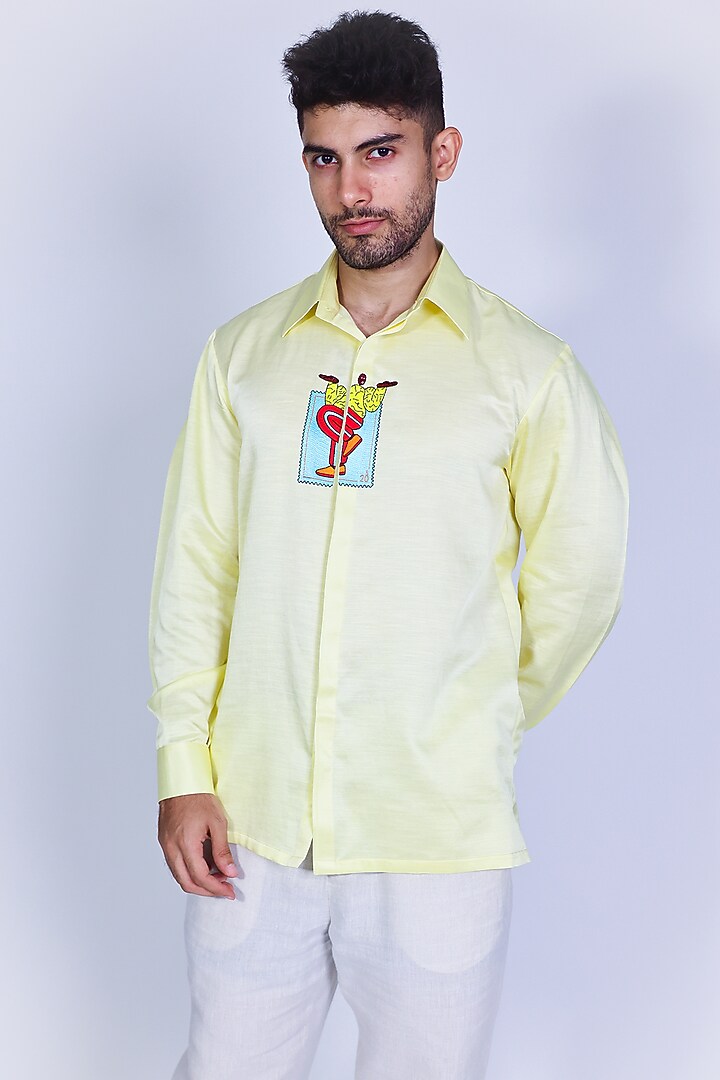 Yellow Linen Satin Hand Embroidered Party Wear Shirt by Arya Giri Men at Pernia's Pop Up Shop
