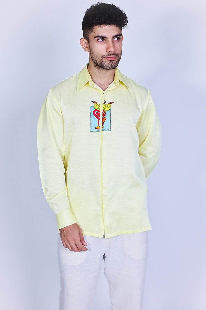 Yellow Linen Satin Hand Embroidered Party Wear Shirt by Arya Giri Men at Pernia's Pop Up Shop