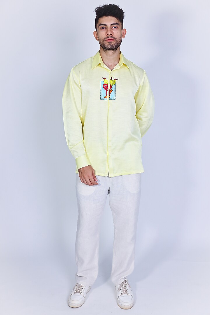 Yellow Linen Satin Hand Embroidered Party Wear Shirt by Arya Giri Men at Pernia's Pop Up Shop