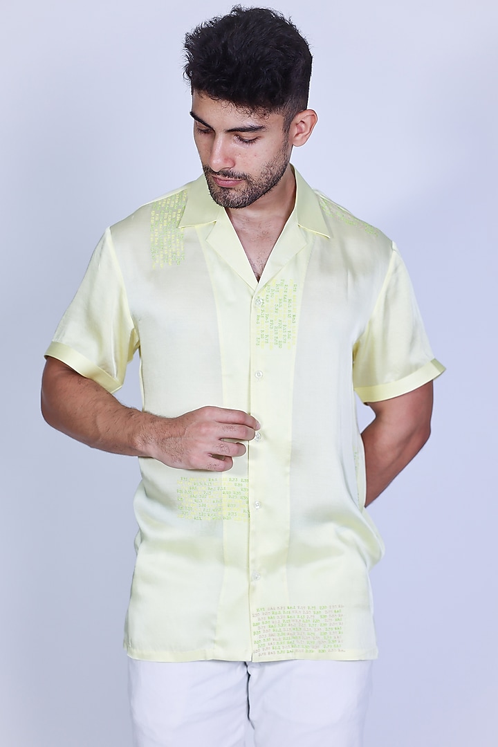 Yellow Satin Hand Embroidered Party Wear Shirt by Arya Giri Men at Pernia's Pop Up Shop