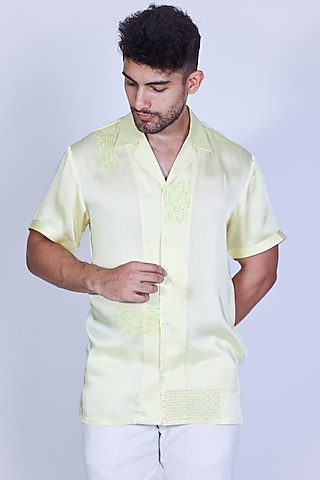 Yellow Satin Hand Embroidered Shirt by Arya Giri Men