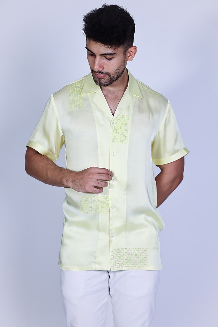 Yellow Satin Hand Embroidered Party Wear Shirt by Arya Giri Men at Pernia's Pop Up Shop