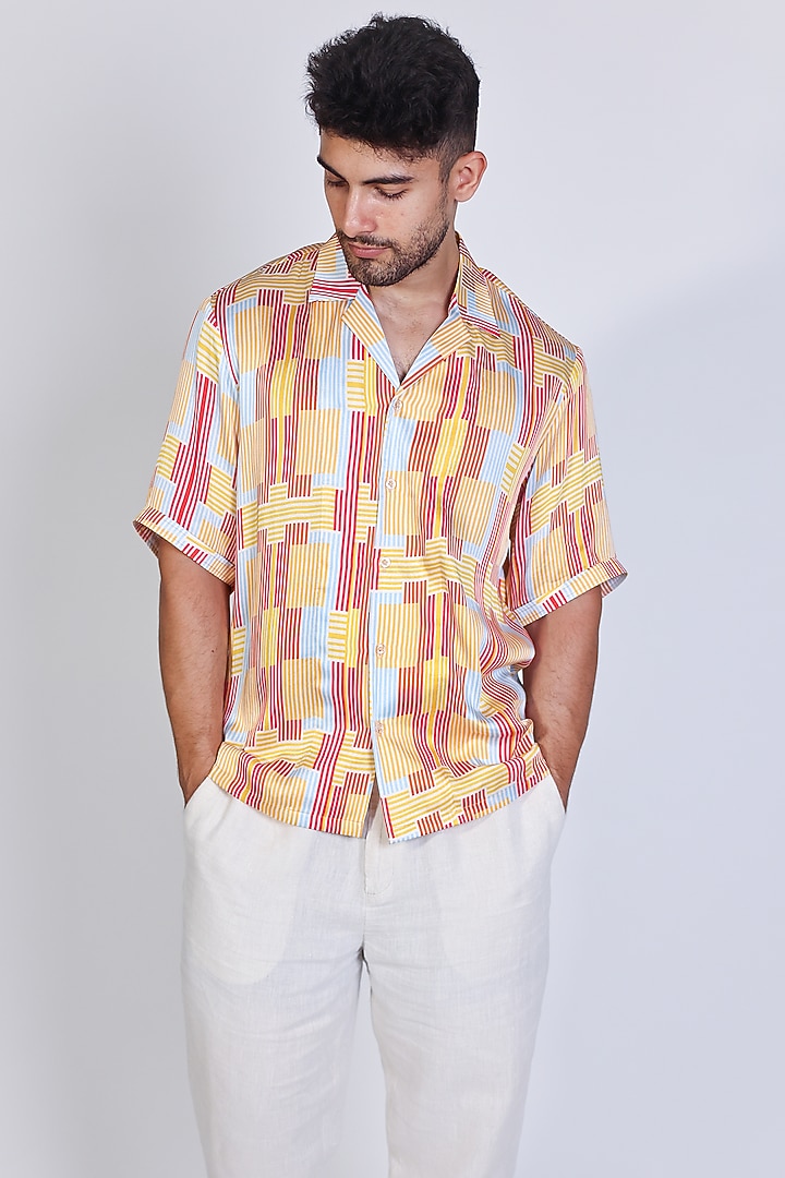 Red Satin Printed Party Wear Shirt by Arya Giri Men at Pernia's Pop Up Shop