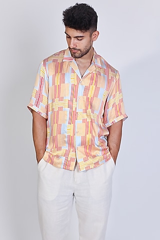 Red Satin Printed Shirt by Arya Giri Men