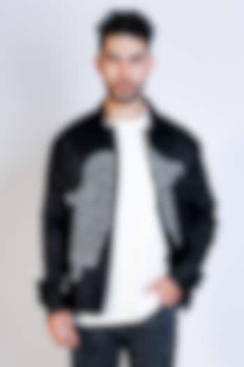 Black Linen Satin Hand Embroidered Bomber Jacket by Arya Giri Men at Pernia's Pop Up Shop