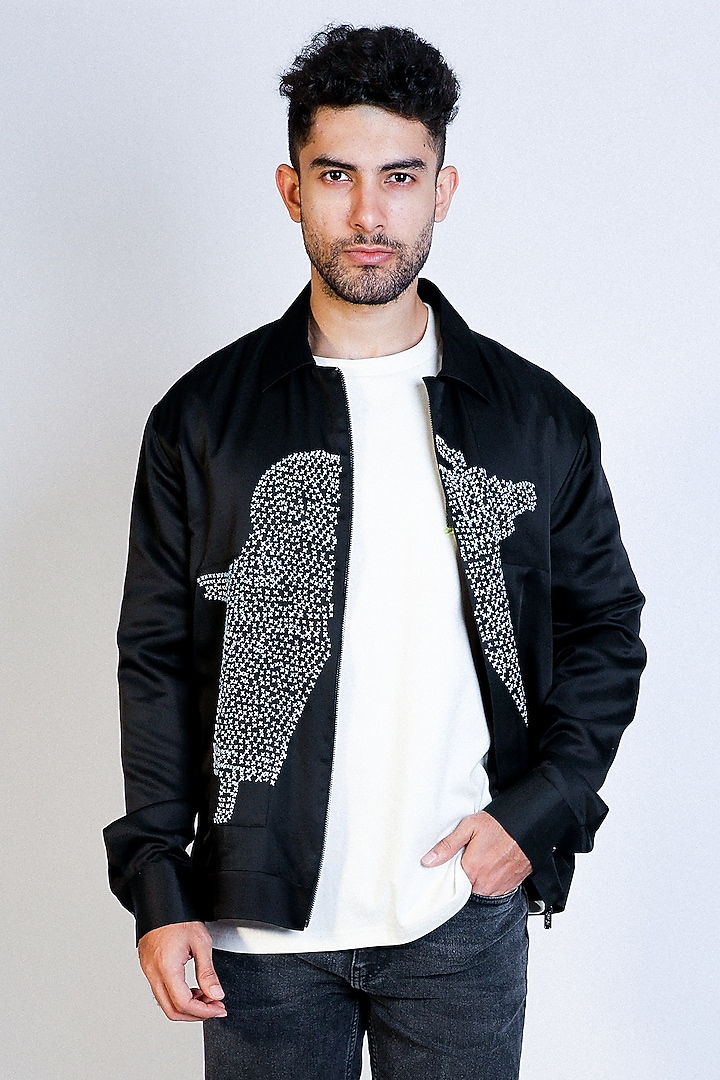 Black Linen Satin Hand Embroidered Bomber Jacket by Arya Giri Men at Pernia's Pop Up Shop