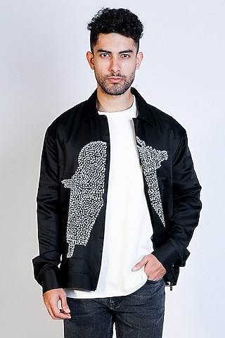 Black Linen Satin Hand Embroidered Bomber Jacket by Arya Giri Men