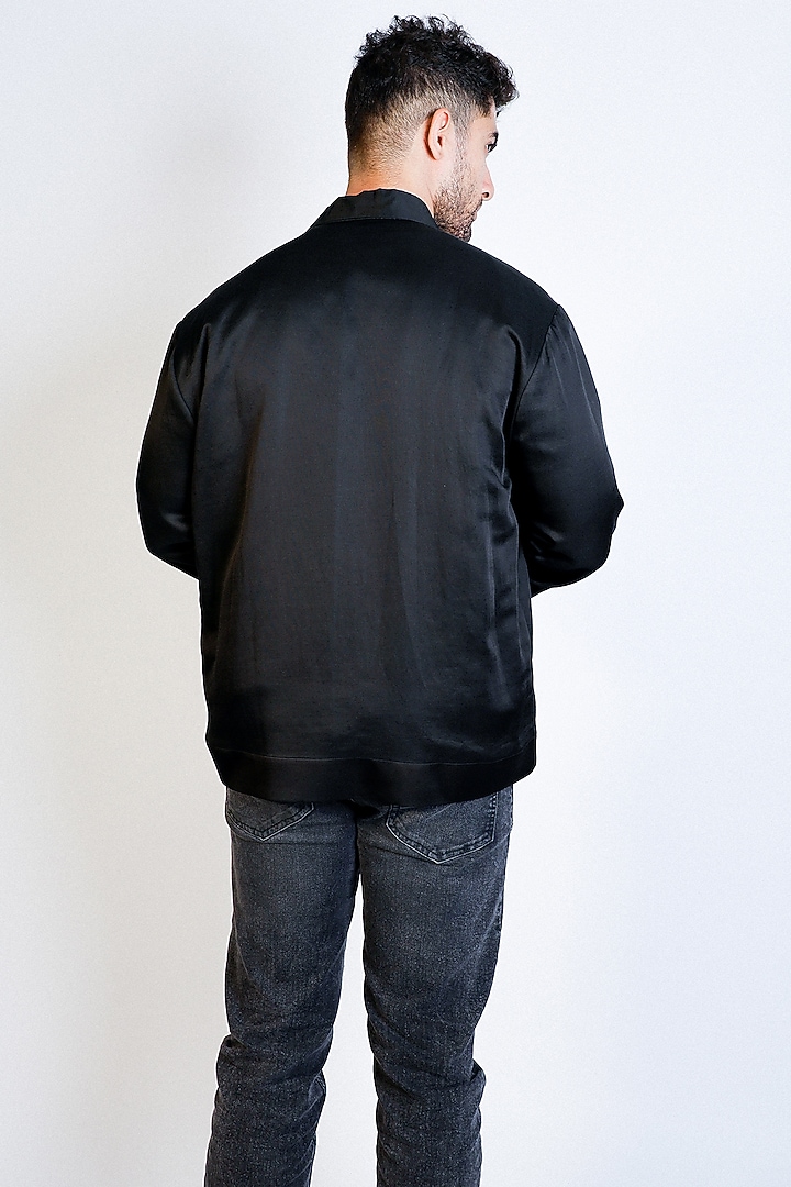 Black Linen Satin Hand Embroidered Bomber Jacket by Arya Giri Men at Pernia's Pop Up Shop