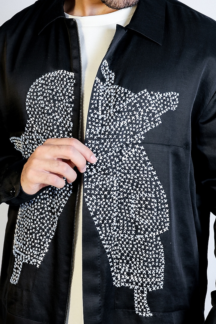 Black Linen Satin Hand Embroidered Bomber Jacket by Arya Giri Men at Pernia's Pop Up Shop
