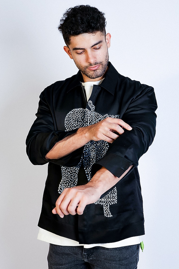 Black Linen Satin Hand Embroidered Bomber Jacket by Arya Giri Men at Pernia's Pop Up Shop