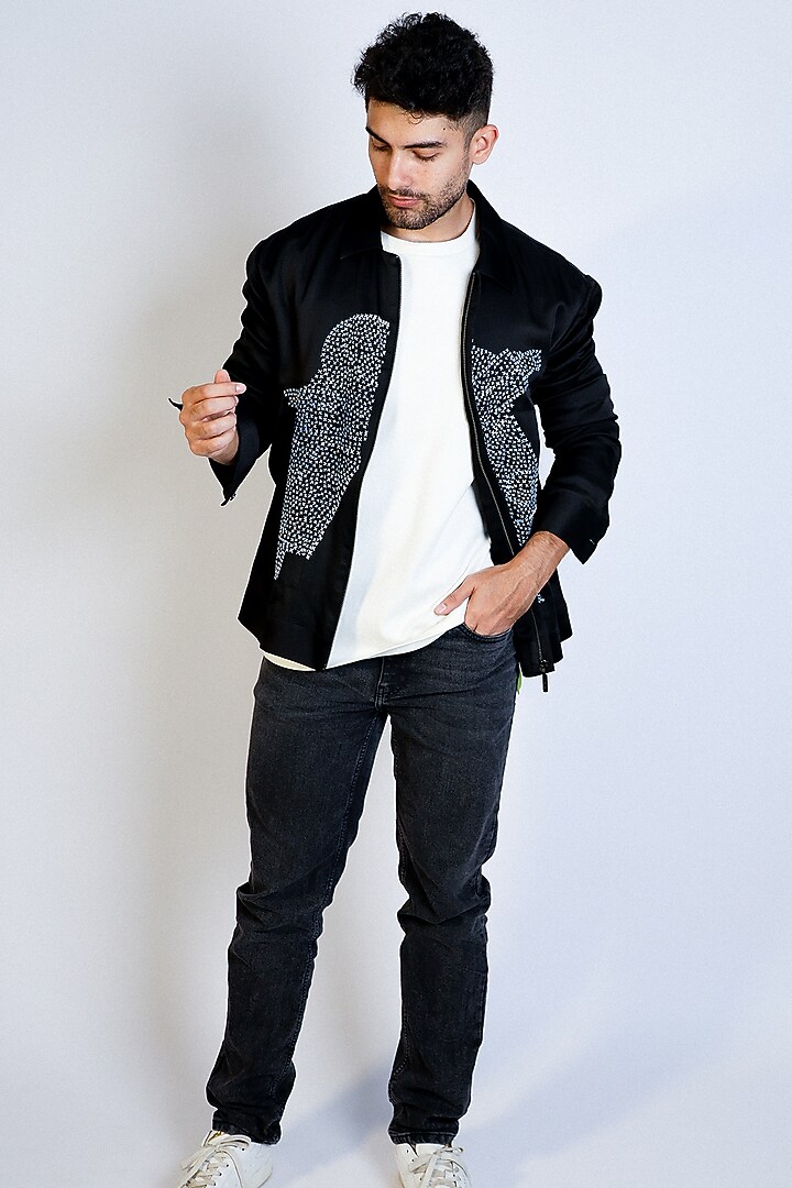 Black Linen Satin Hand Embroidered Bomber Jacket by Arya Giri Men at Pernia's Pop Up Shop