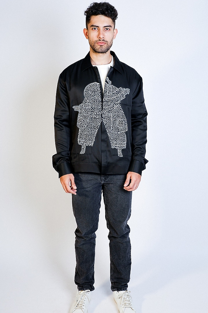 Black Linen Satin Hand Embroidered Bomber Jacket by Arya Giri Men at Pernia's Pop Up Shop
