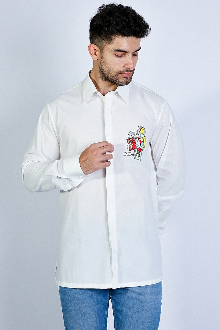 White Poplin Hand Embroidered Party Wear Shirt by Arya Giri Men at Pernia's Pop Up Shop