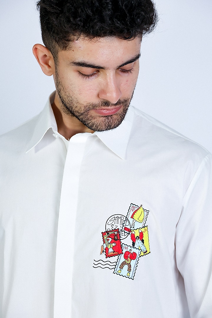 White Poplin Hand Embroidered Party Wear Shirt by Arya Giri Men at Pernia's Pop Up Shop