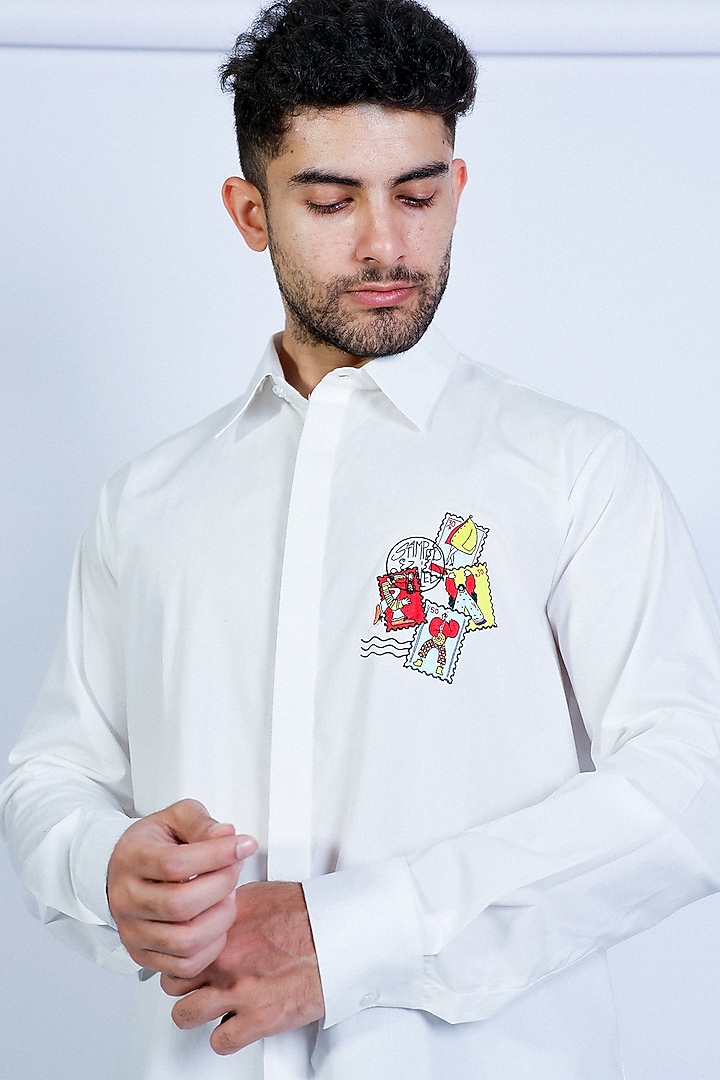 White Poplin Hand Embroidered Party Wear Shirt by Arya Giri Men at Pernia's Pop Up Shop
