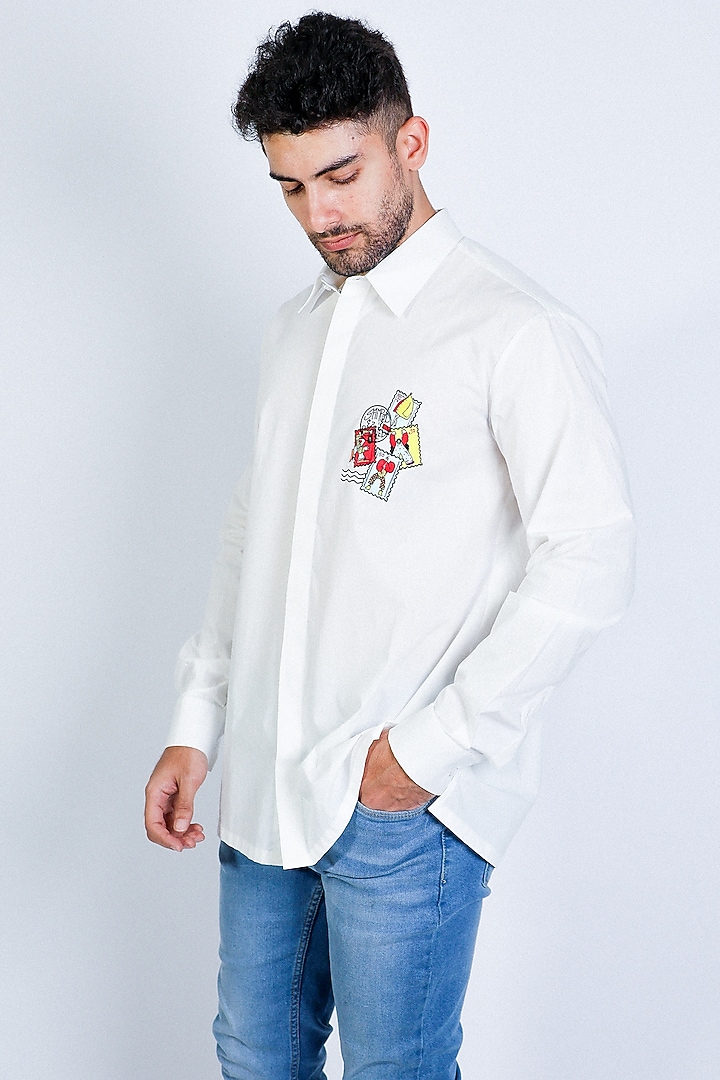 White Poplin Hand Embroidered Party Wear Shirt by Arya Giri Men at Pernia's Pop Up Shop